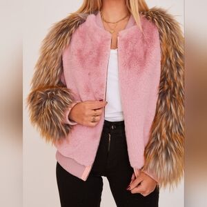 Pink Plush Teddy Bomber with Faux Fox Sleeves